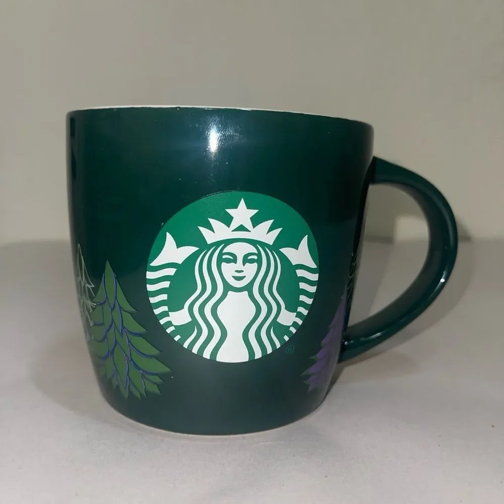 2020 Starbucks Holiday Christmas Coffee Mug 18 fl oz w/green & Purple Trees EUC